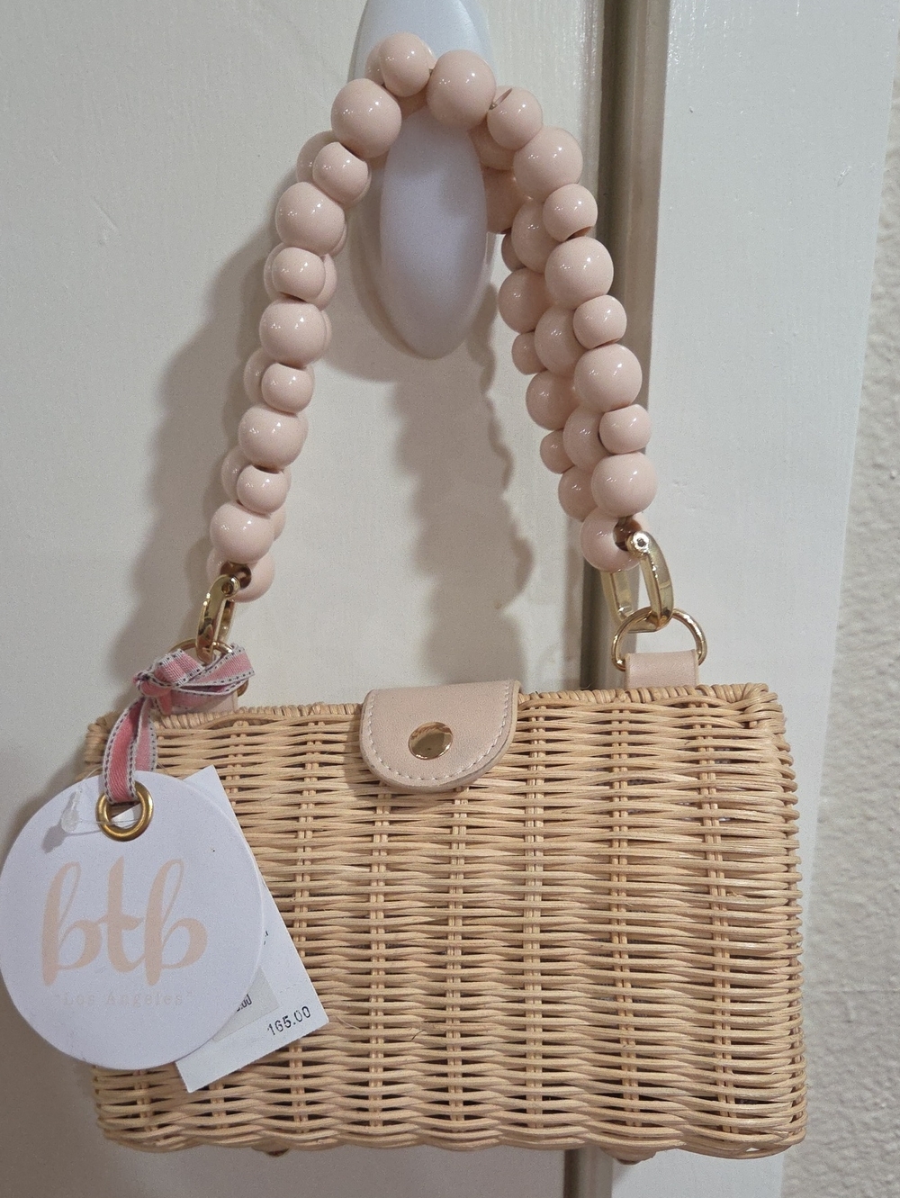 Btb Los Angeles Beige Wicker Crossbody Bag with Beaded Handle